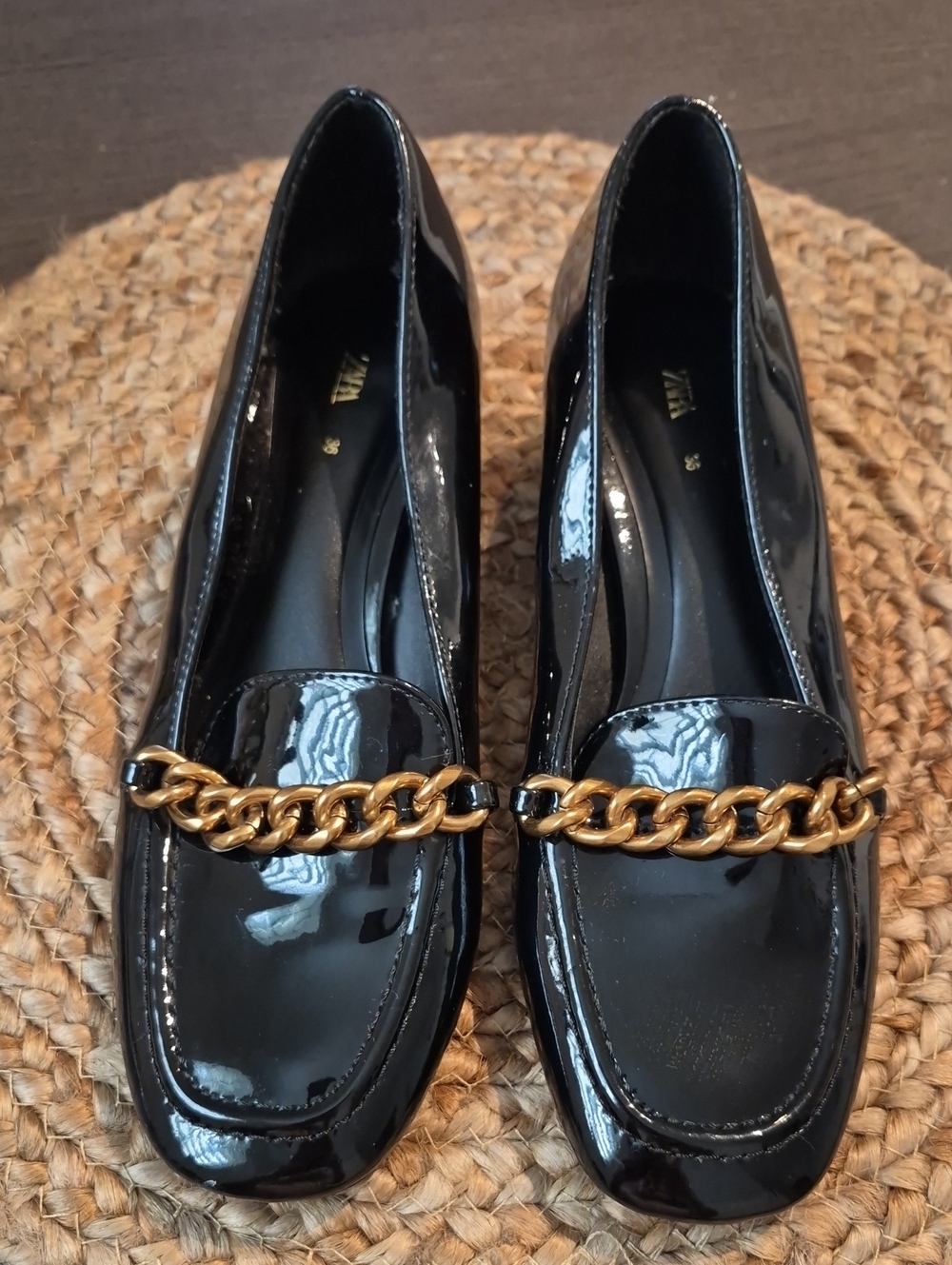 Zara Black Patent Loafers with Gold Chain